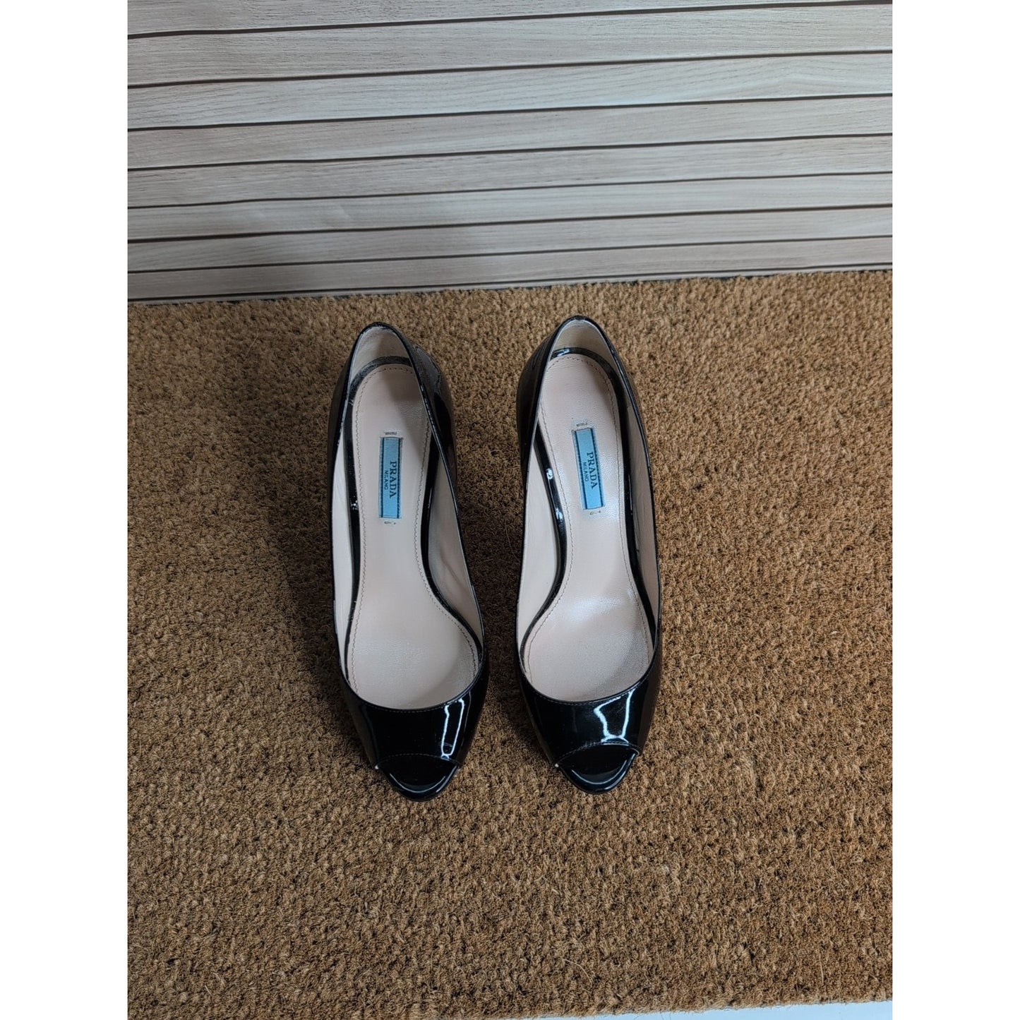 Prada Patent Peep Toe Leather Stiletto Platform Heels Size EU 38