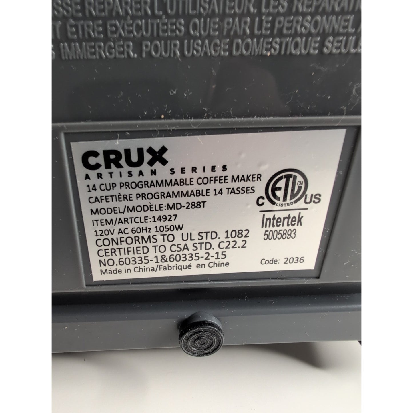 CRUX Artisan Series 10-Cup Programmable Coffee Maker Model MD288T