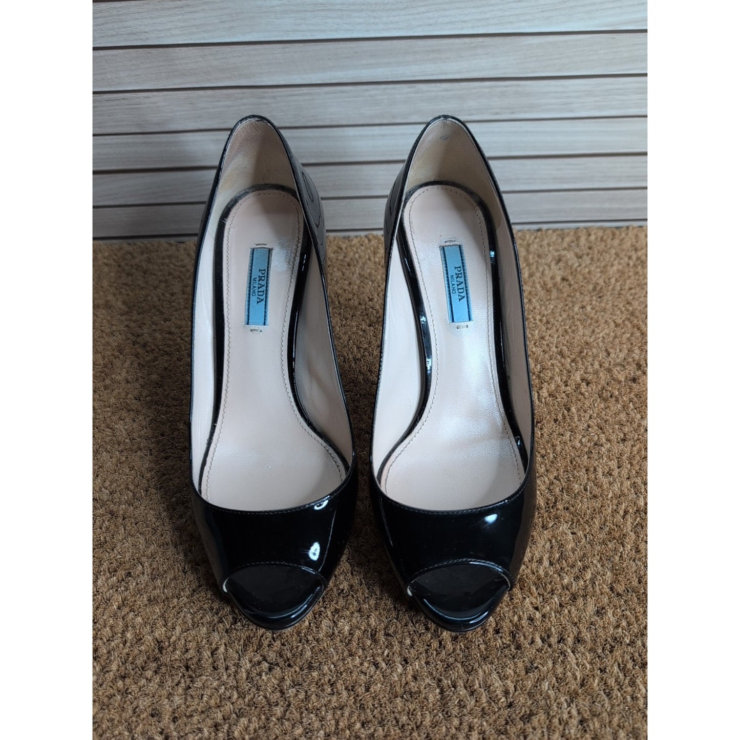 Prada Patent Peep Toe Leather Stiletto Platform Heels Size EU 38