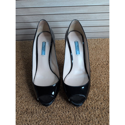 Prada Patent Peep Toe Leather Stiletto Platform Heels Size EU 38