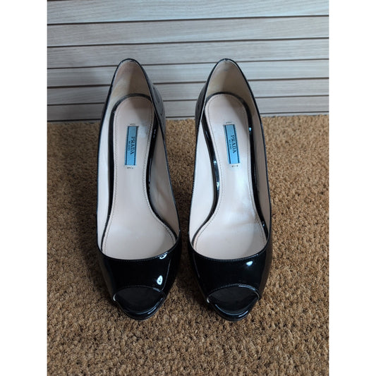 Prada Patent Peep Toe Leather Stiletto Platform Heels Size EU 38
