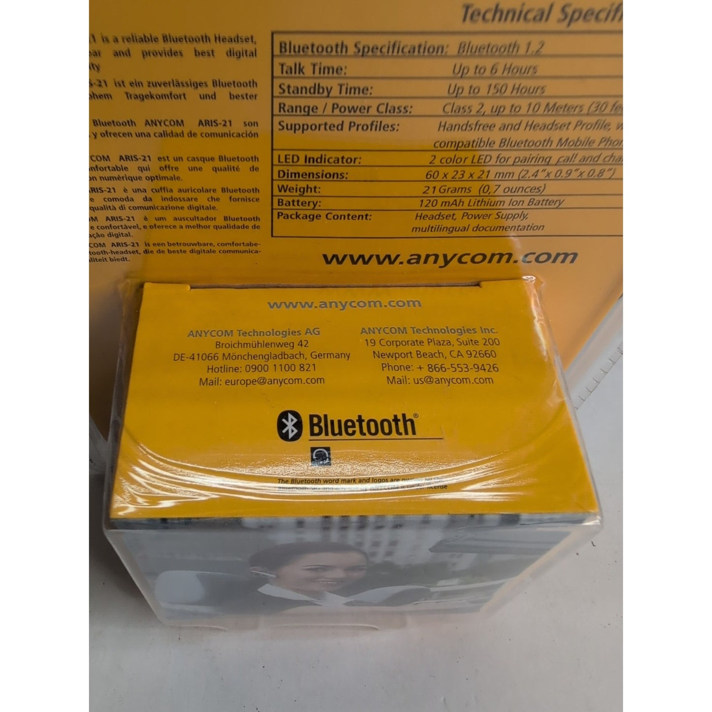 ANYCOM ARIS-21 Hands-Free Bluetooth Headset NEW IN PACKAGE