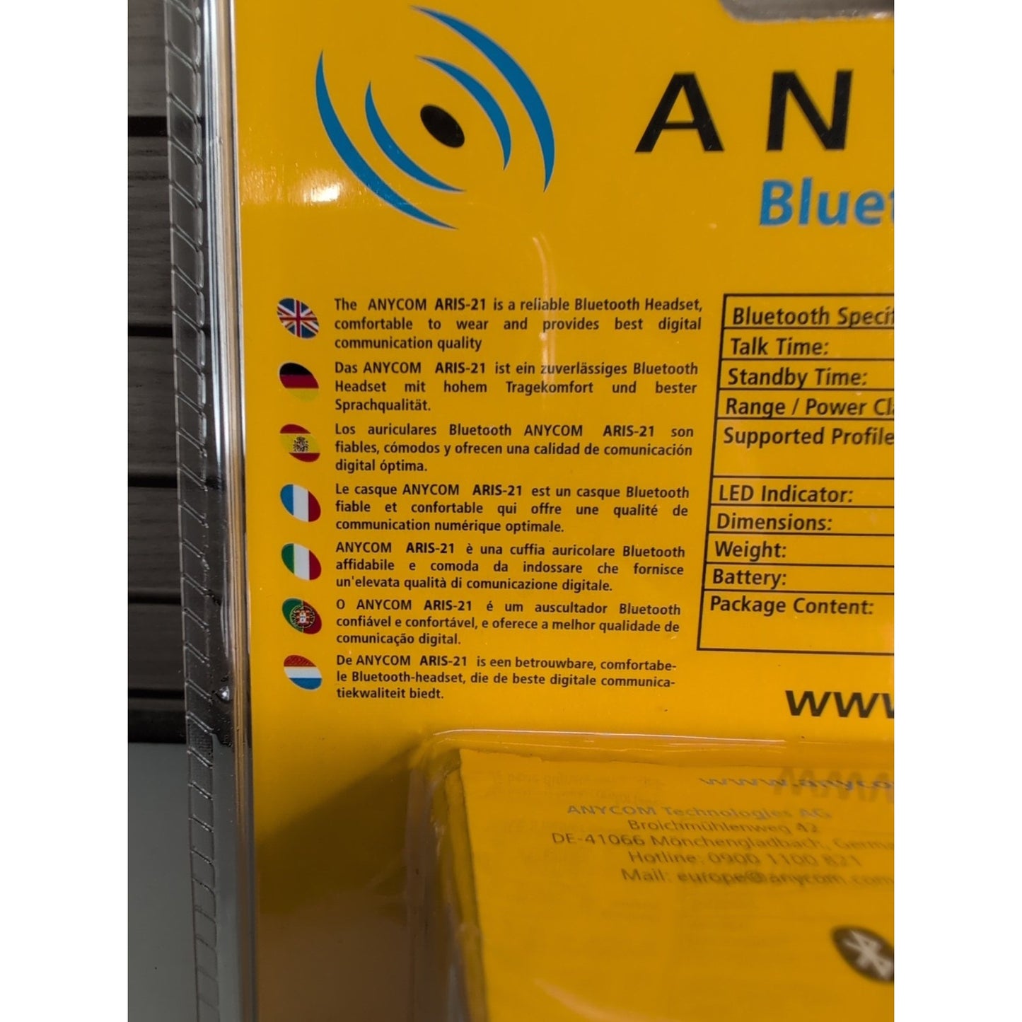 ANYCOM ARIS-21 Hands-Free Bluetooth Headset NEW IN PACKAGE
