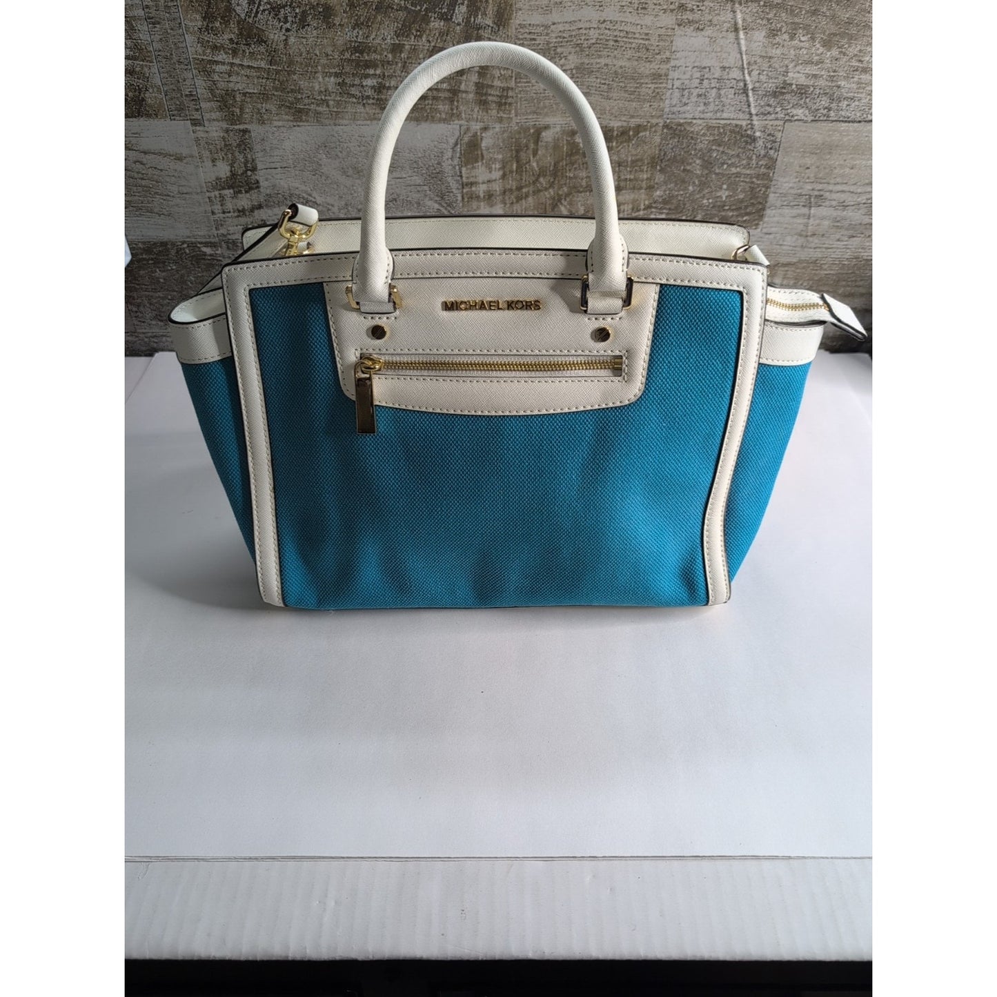 MICHAEL KORS Selma Large Top Zip Summer Blue Canvas/Leather Satchel Bag *CLEAN*