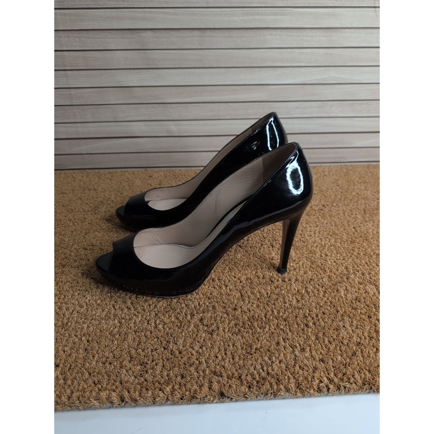 Prada Patent Peep Toe Leather Stiletto Platform Heels Size EU 38