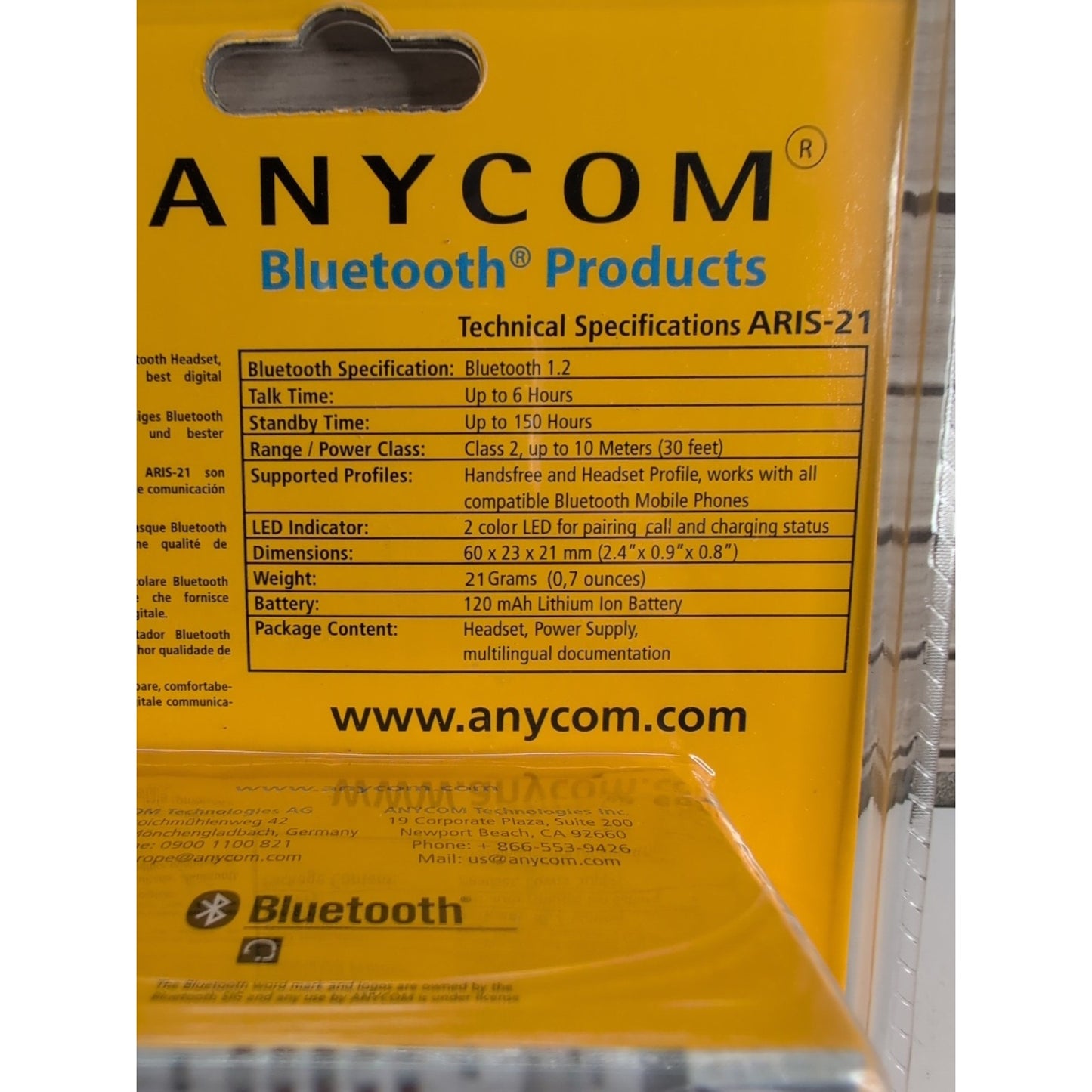 ANYCOM ARIS-21 Hands-Free Bluetooth Headset NEW IN PACKAGE