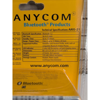 ANYCOM ARIS-21 Hands-Free Bluetooth Headset NEW IN PACKAGE