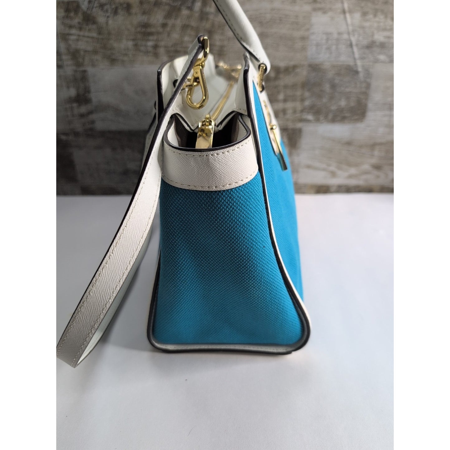 MICHAEL KORS Selma Large Top Zip Summer Blue Canvas/Leather Satchel Bag *CLEAN*