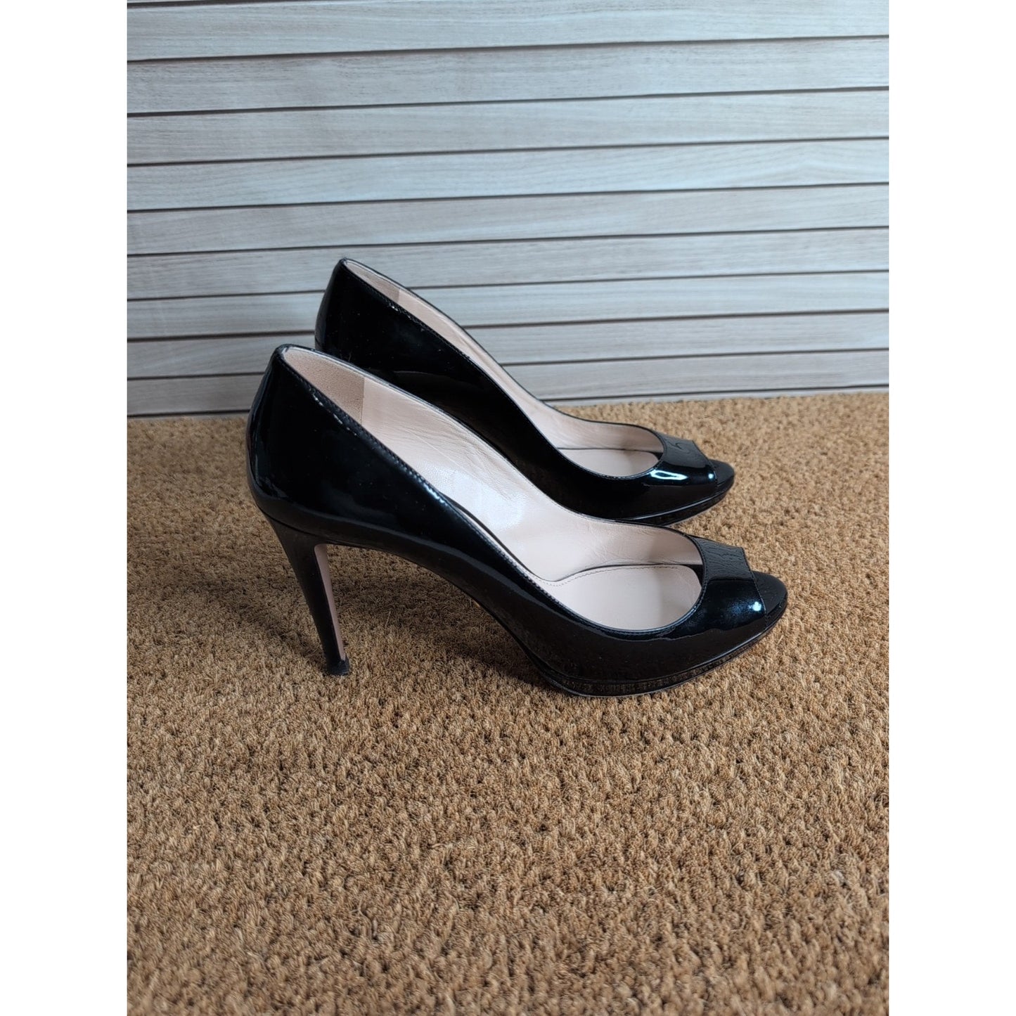 Prada Patent Peep Toe Leather Stiletto Platform Heels Size EU 38