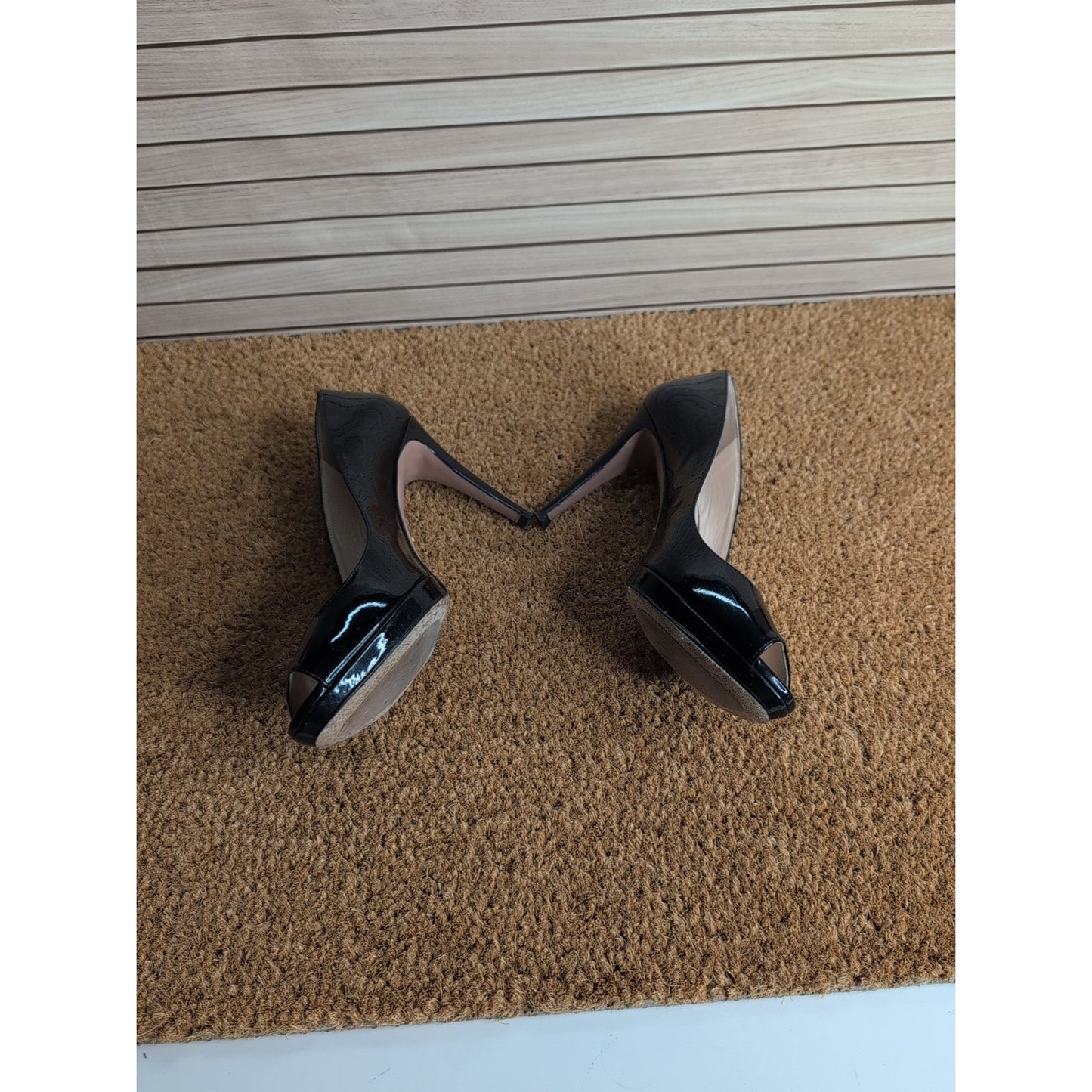 Prada Patent Peep Toe Leather Stiletto Platform Heels Size EU 38